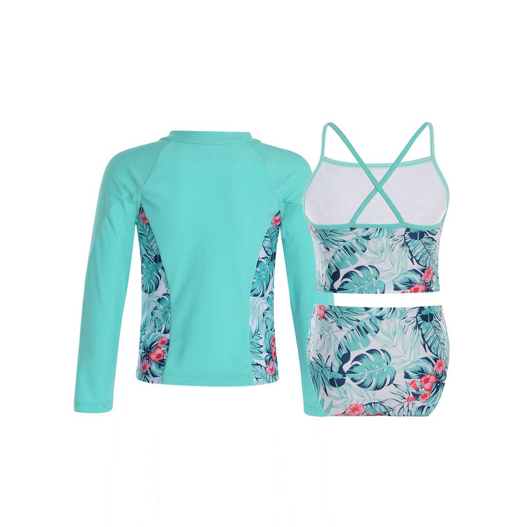 Girls 3 Piece Swim Set Sleeveless Top Briefs Long Sleeve Coat Front Zipper Sun Protection Beach Swimwear