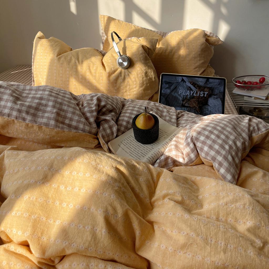 Japanese-Style Simple Double Plaid Super Soft Washed Cotton, Skin-Friendly And Comfortable Quilt Cover, Bed Sheet, Dormitory Kit 4