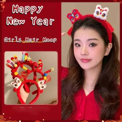 Sweet Lion New Year Hair Hoop Embroidered Bow Tassel Red Headband Tang Suit Headwear Hanfu Hair Accessories Winter