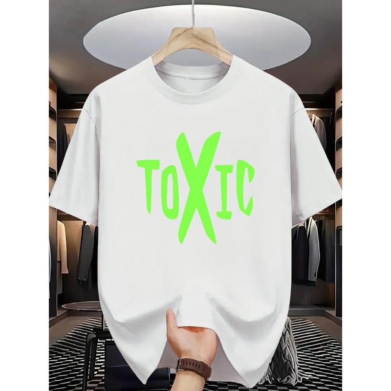 European sizes Men'S Fluorescent Green "TOXIC" Graphic T-Shirt - Stylish Round Neck, Short Sleeve, Lightweight