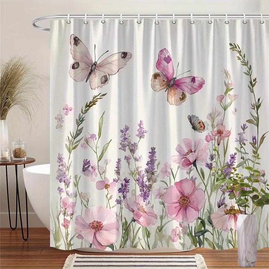 

1 Акварельна шторка для душу з метеликом і квітучою квіткою - Блідо-рожеві троянди, Лавандові польові квіти, Світло-сірі метелики 140x180cm