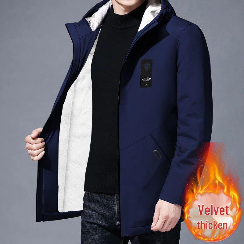 2025 Men’s Mid-Length Fleece-Lined Trench Coat – Trendy, Casual, and Warm for Autumn/Winter.