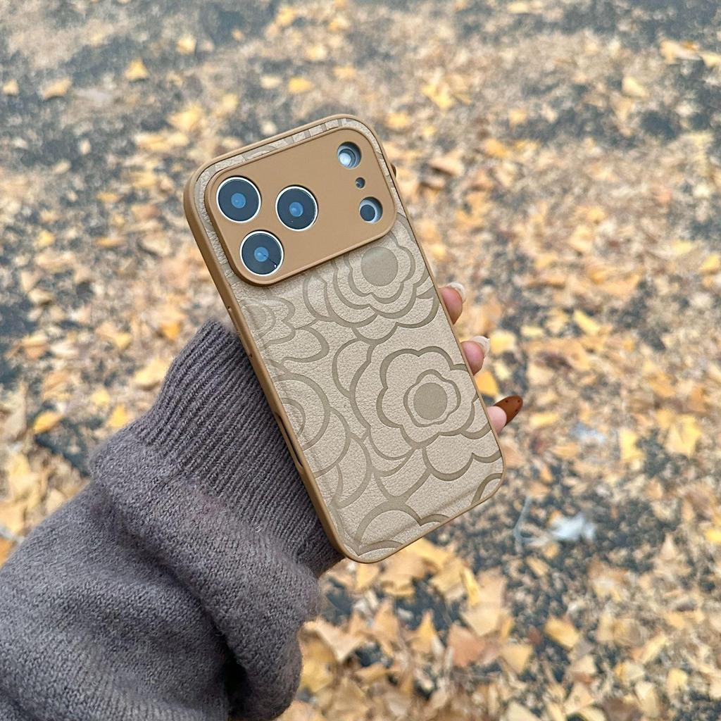 Luxury Camellia Leather Texture Phone Case for iPhone 17 Pro Max & 16, Autumn/Winter Edition
