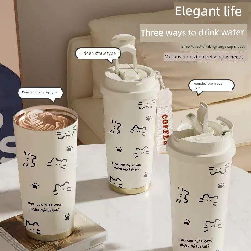 Line Drawing Cat Large-Capacity Insulated Cup with Straw, Drinking Cup for Sports, Car, Portable, for Male and Female Students, School Cup