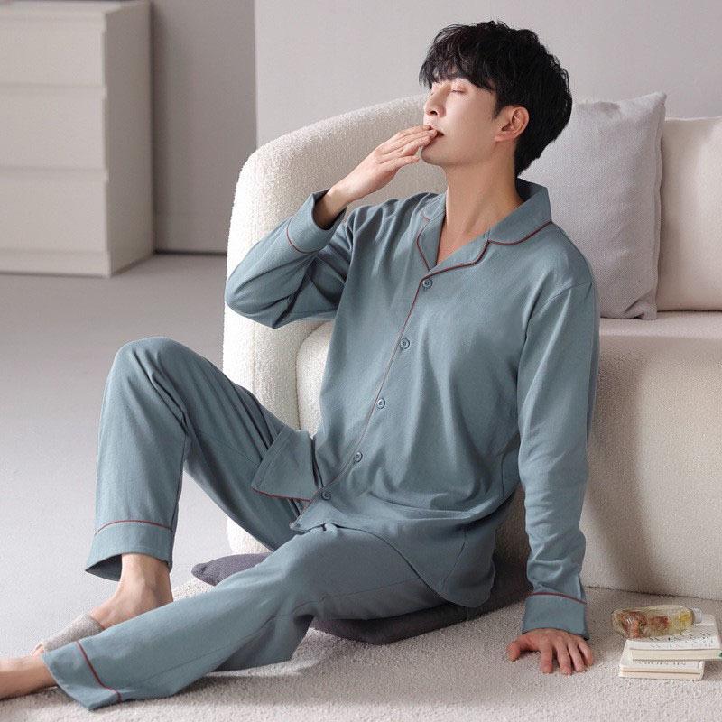 Good Luck Men's Red Festive Pajamas: Spring/Autumn Long Sleeve Cardigan, Pure Cotton, Solid Color, Loose Fit, Plus Size Home Wear Set