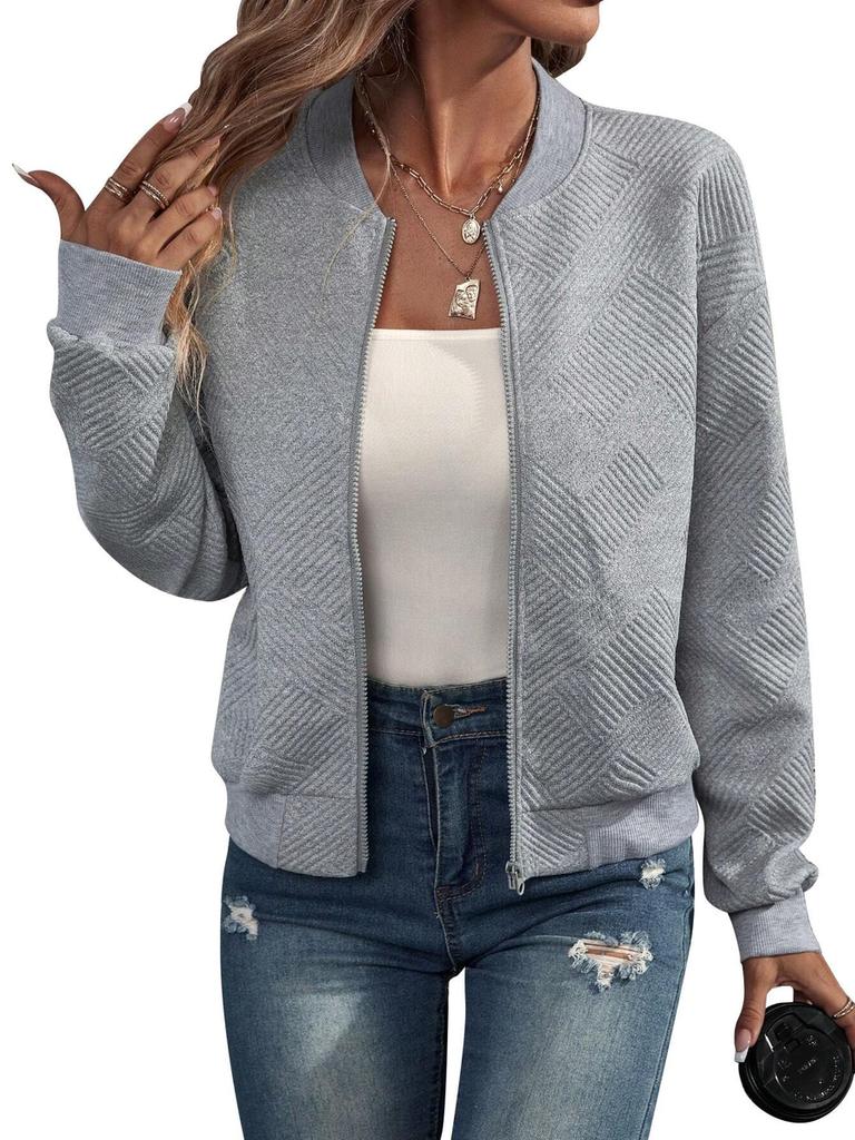 Solid Zipper Jacket Baseball Collar Casual Coat Women's