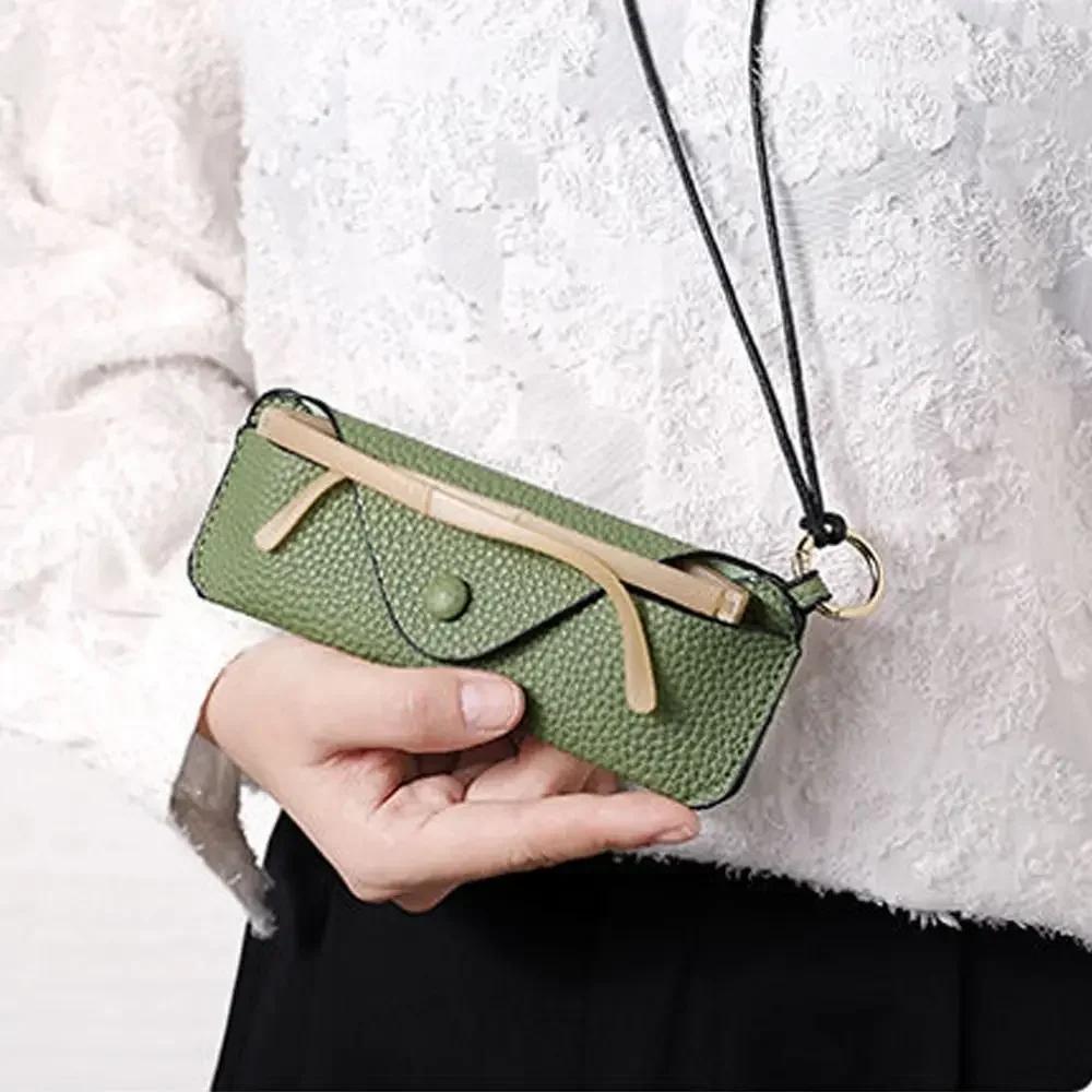 Retro PU Leather Glasses Bag with Lanyard Portable Sunglasses Box Storage Bag Anti Pressure Protective Cover for Men Women