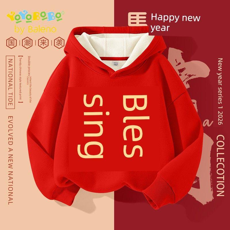 Baleno Kids Boys  Fleece Sweatshirt 2025 Autumn/Winter New Children s Hooded Top for Boys, New Year Outfit for Older Boys Red # Yb Auspicious Blessing 110