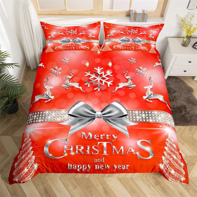 Merry Christmas Duvet Cover Set Happy New Year Comforter Cover Microfiber Xmas Deer Elk Bedding Set Twin For Boys Girls Bow Gift