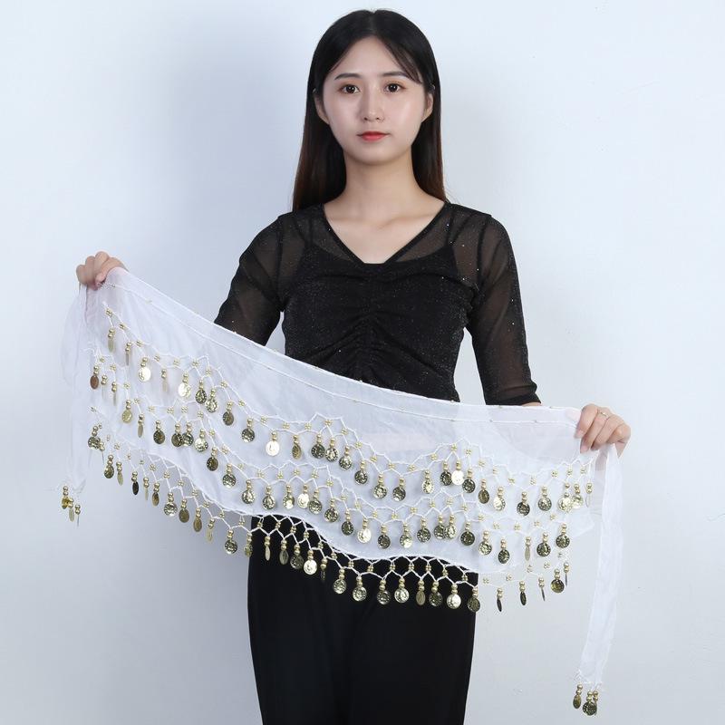 Available: Belly Dance Hip Scarf with 72/83/98/128 Coin Waist Chain - Gold, Three-Layer Design, Indian Style Waist Scarf.