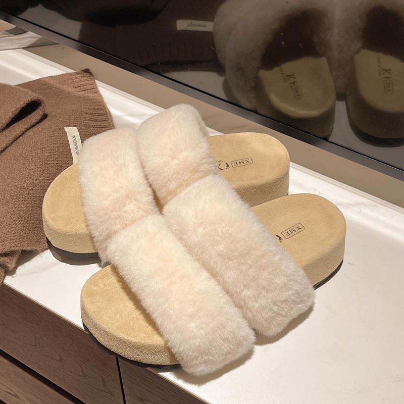 Premium thick bottom heightening fluffy slippers women's outer wear 2025 spring and autumn new office rabbit hair home cotton slippers