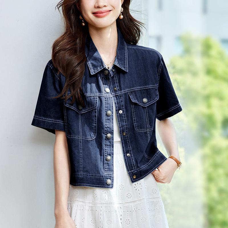 

Короткая джинсовая куртка-рубашка женская с коротким рукавом летняя маленькая кофта литературная винтажная рубашка XL