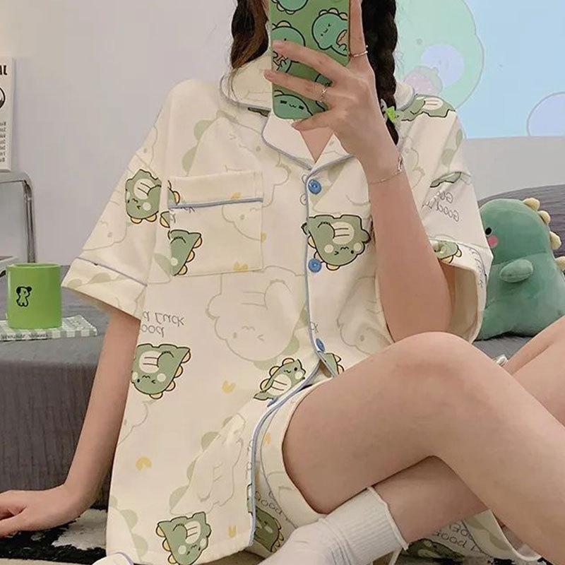 GMXIA High-quality Cotton-like Cute Cardigan Short-sleeved Student Pajamas for Women, Sweet Summer Style for Women's Home Wear