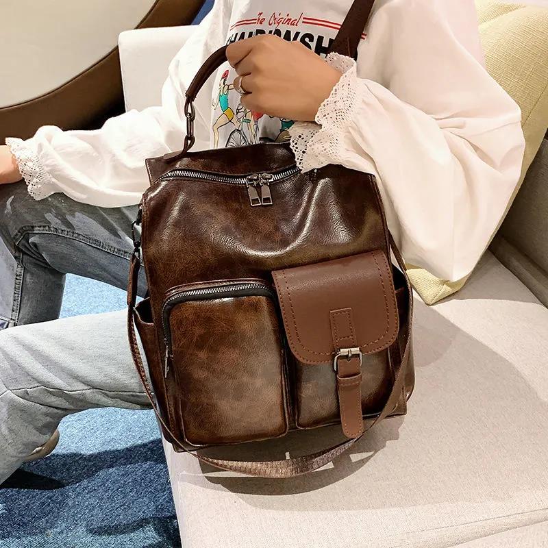 Women's Backpack Vintage Large Capacity Travel Bag Solid Color Single Shoulder Bag Versatile Casual Handbag