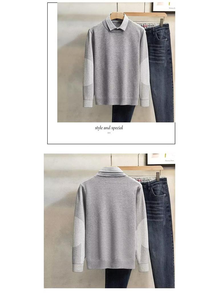 Men's Stylish Knit Sweater: Spring & Autumn, Fake Two-Piece, Casual Japanese Trend