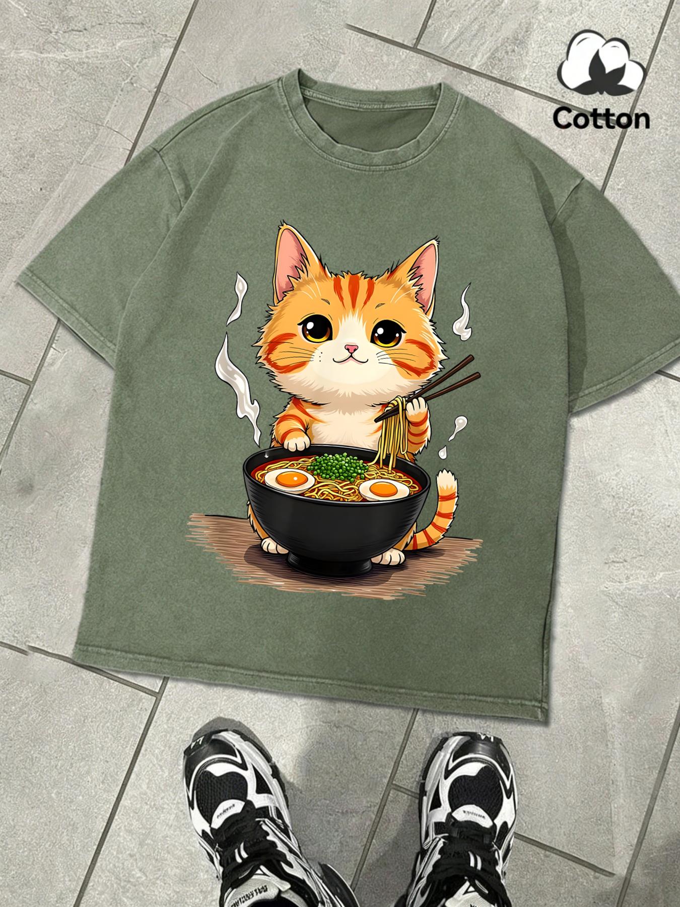 

Kitten Who Likes To Eat Lamian Noodles Snow Washed TShirt Mans Cotton Tee AllMatch Retro Clothing Unisex ONeck Loose Top S