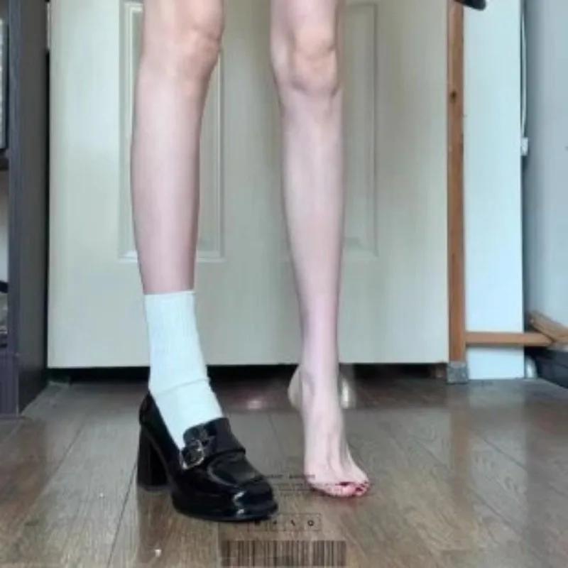 2025 New Women's Solid Color Patent Leather Loafer Shoes Square Toe Office and Career Belt Buckle Solid Best Seller Heels Women