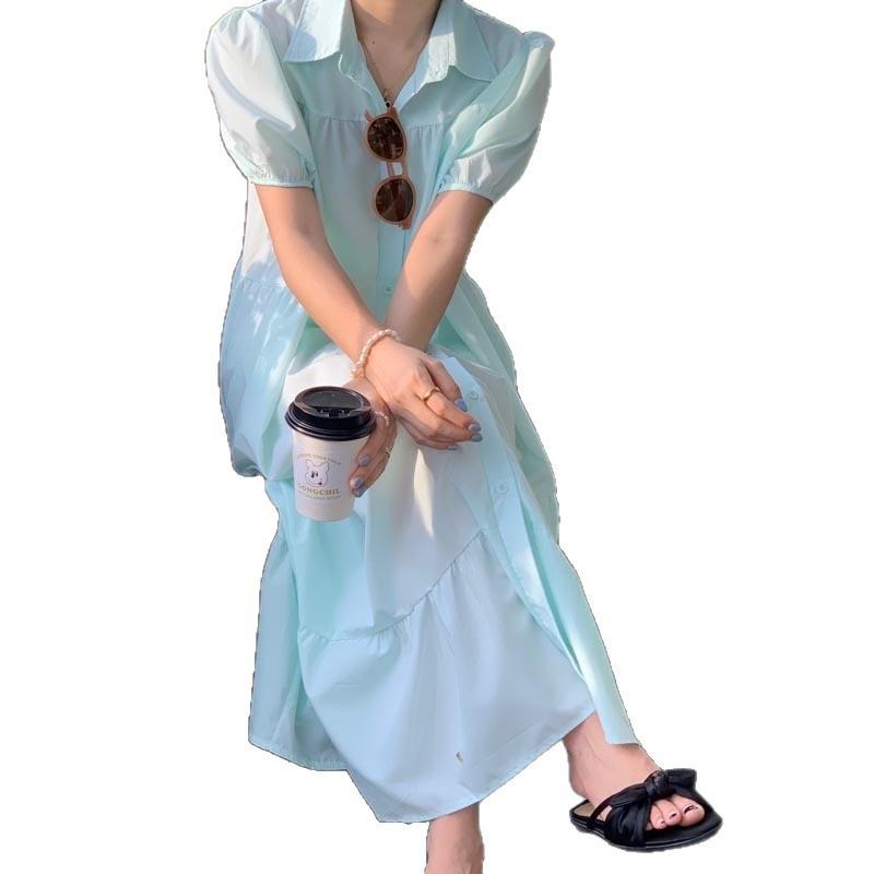 Summer Pleated Women's Dress with Loose Puffed Sleeves