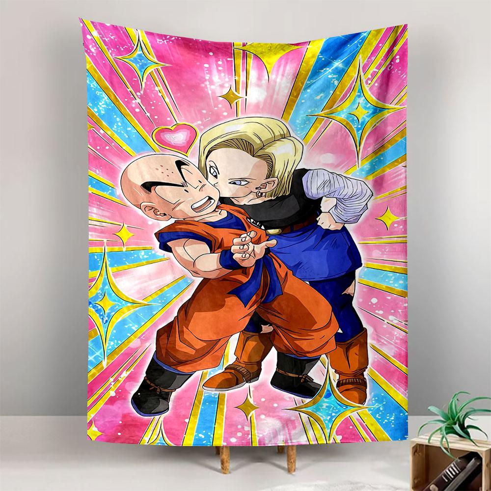 Dragon Ball Z Krillin and Android 18 Anime Wall Tapestry Pink Sparkle Heart Background Decor for Bedroom Dorm Gift for Fans