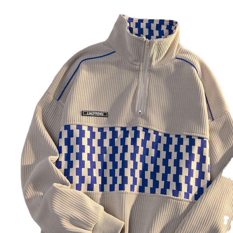 Unisex Retro Checkerboard Half-Zip Polo Sweatshirt - American Style Loose Fit for Fall