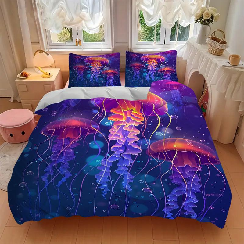 3pcs Colorful Jellyfish Bedding Set - Includes One Quilt Cover and Two Pillowcases (No Core) - Anime Cartoon Design for Bedroom Decor - Poly