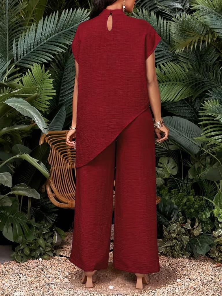 Women's Casual Asymmetrical Hem Two-Piece Set: Solid Color Top and Pants
