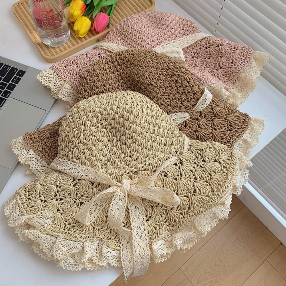 Chapeau de Paille d'Été à Bordure en Dentelle Casquette de Plage Pliable Chapeau de Soleil Élégant Voyage