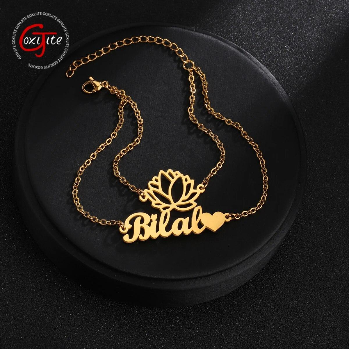 

Браслет Goxijite для женщин, индивидуальный двухслойный браслет с именем лотоса и сердца любви, браслет из нержавеющей стали, ювелирное изделие, подарок 9cm plus 5cm