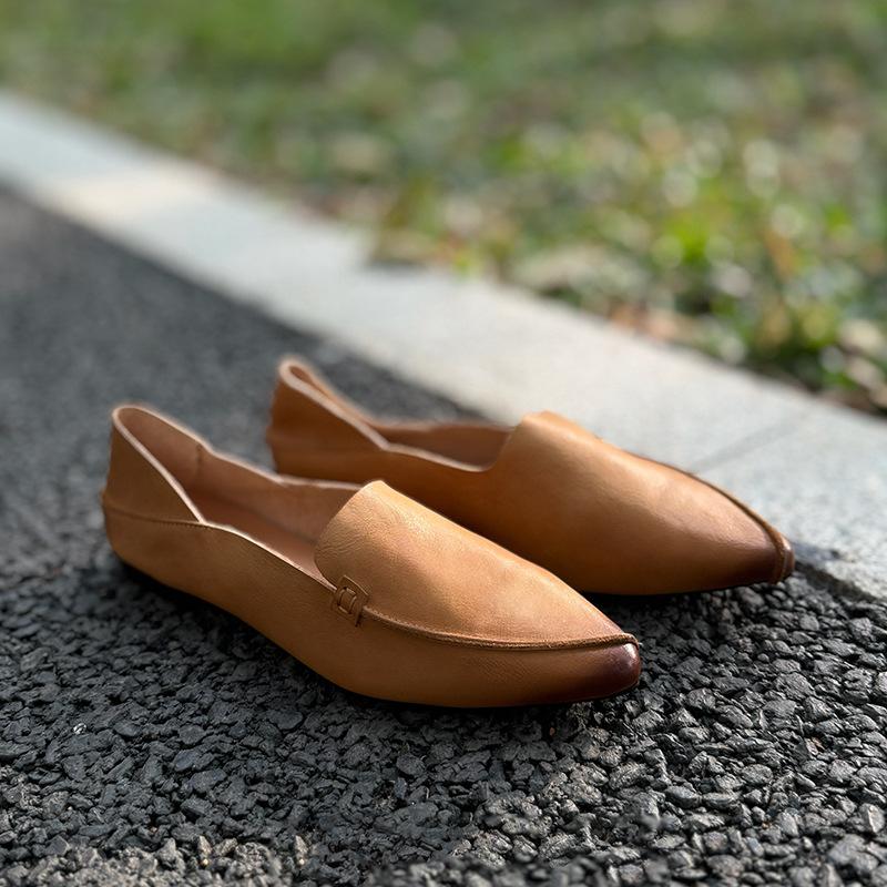 

Johnature/Женская обувь без шнуровки из натуральной кожи с острым носком в стиле ретро, ​​однотонные туфли без шнуровки ручной работы на мелкой мягкой подошве 38 верблюд