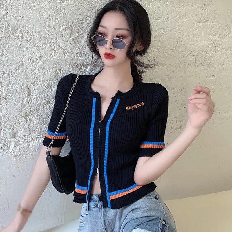 

Летняя женская футболка модная с круглым вырезом на молнии, сексуальные повседневные трикотажные топы с открытыми пупками и короткими рукавами