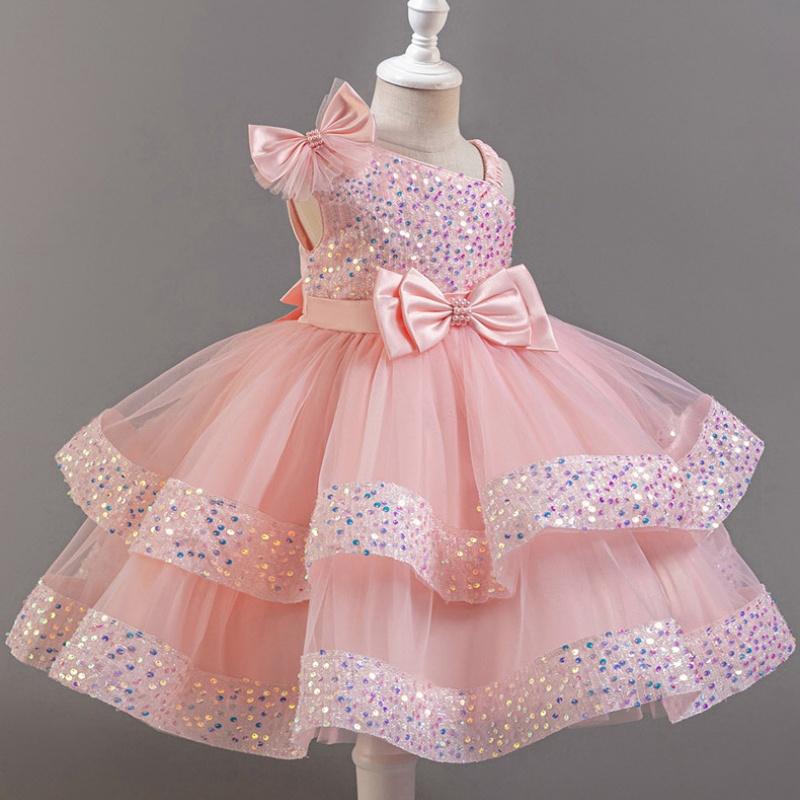 Girls Beaded Bow Tie Sequin Mesh Children's Sleeveless Evening Dress School Graduation Party Multi Layered Dress