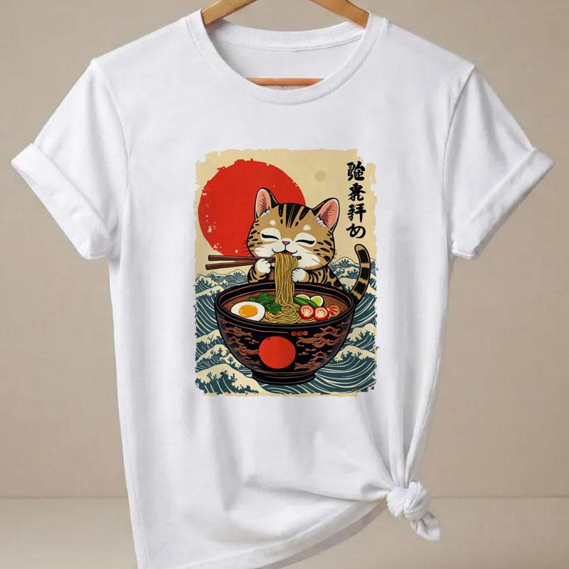 RaUnisex Cat TShirt Unisex Funny Short Sleeve Graphic T Shirts Japanese Cat Printed Kitty Tops Summer Round Neck Cat Lover Tees