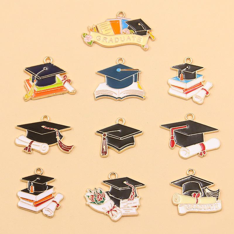 Graduation Season DIY Alloy Enamel Charms: Cap, Flowers, and Book Pendants