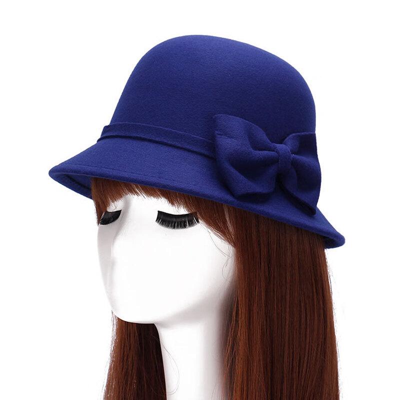Women's Korean Style Double Bowknot Wool Felt Basin Hat