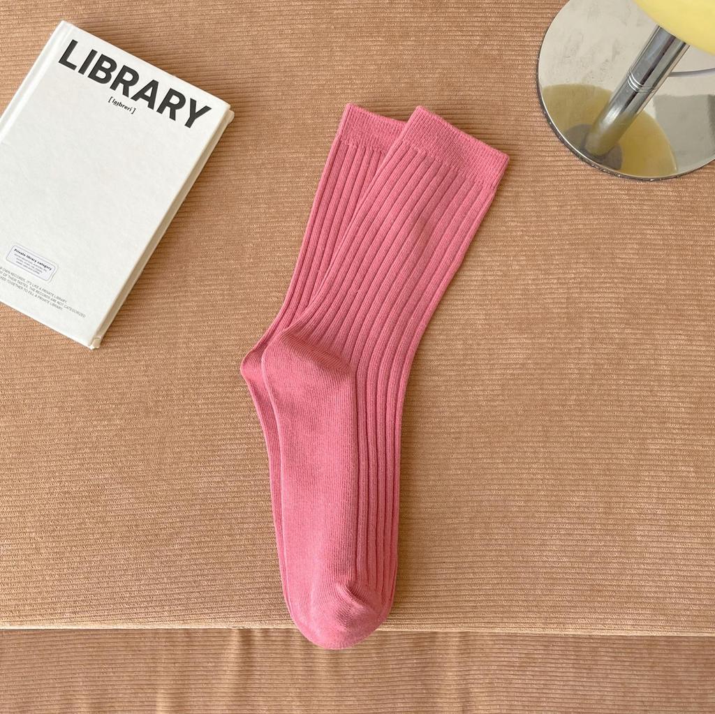 Dámské ponožky ze 100% čisté bavlny do půlky lýtek, trendy korejský styl, jednobarevné, dvoujehlové, podzimní/zimní svislý proužek, podkolenky s volným lemem