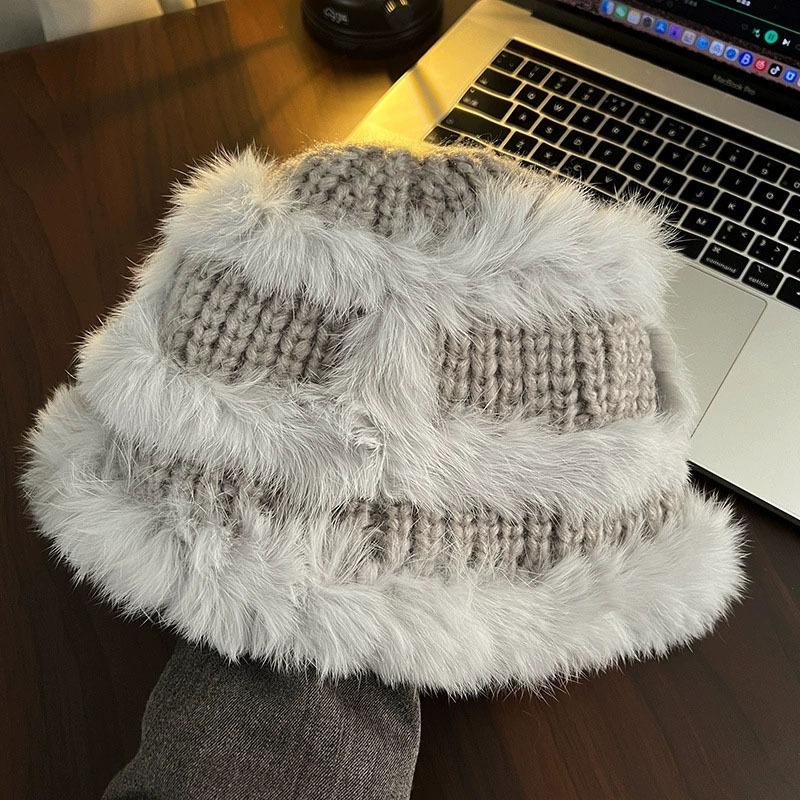 Autumn and Winter Thickened Warm Women Show Small Face Knitted Bucket Hat Popular Tide Hand Woven Plush Hat