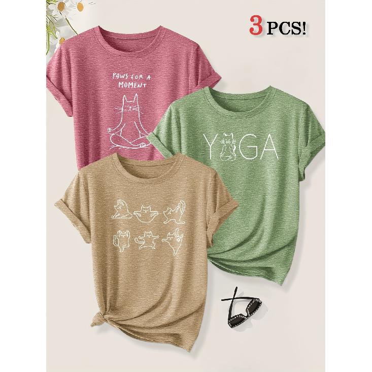 3 Pack Yoga Master Cat Fun Animal Print Women Loose Short Sleeve T Shirts Summer Autumn Leisure Fashion Tops