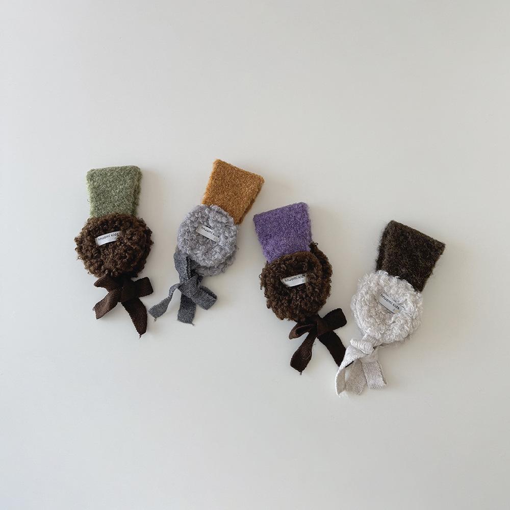 New Korean Kids Ear Muffs Winter Plush Tie-Back Ear Warmers Color Block Knitted Ear Covers for Girls Warm Fleece Headband