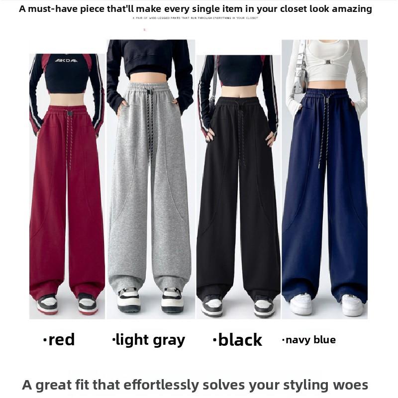Curved Hem Women'S Fall/Winter Fleece-Lined High-Waisted Drawstring Straight Banana Sweatpants With Draped Effect And Narrow Wide Legs