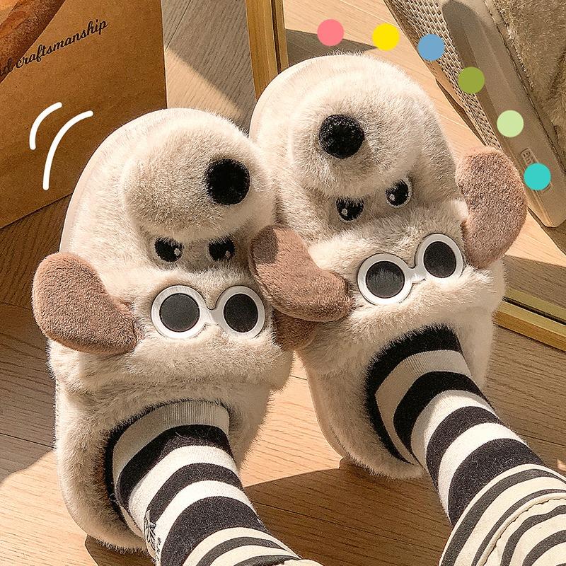 Puppy cotton slippers women's winter non-slip warm and velvet two wear cute thick-bottomed bag head fluffy slippers women's winter