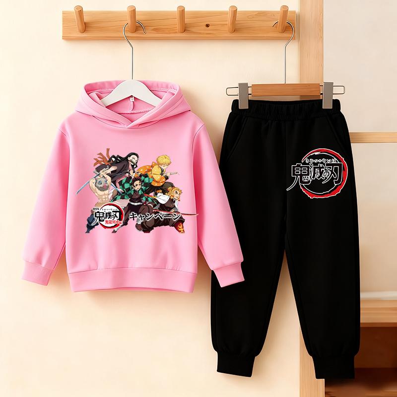 Felpa con Cappuccio e Pantaloni Anime Demon Slayer Set per Bambini Felpa con Cappuccio Giacca Pantaloni Set Ragazzi Ragazze Top Pullover Autunnale Abbigliamento Regalo
