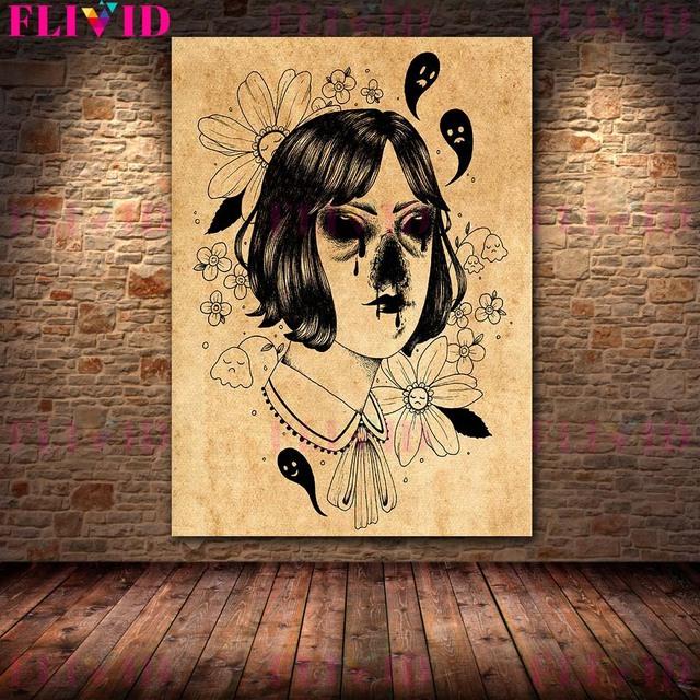 Strawberry Ghost and Scary Girl Retro Wall Art Oil Painting Scary Little Witch Portrait Art Poster