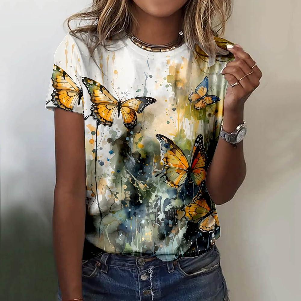 2026 New Romantic Retro 3D Printed Butterfly Pattern Women's T-shirt Round Neck Short Sleeved Fun Casual Insect Personality