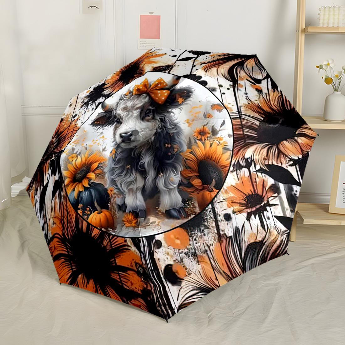 

Floral Cow Portrait Portable Automatic Umbrella Retractable Design with 8 Rib Durability Foldable Design All Season Travel Compact Folding Umbrella