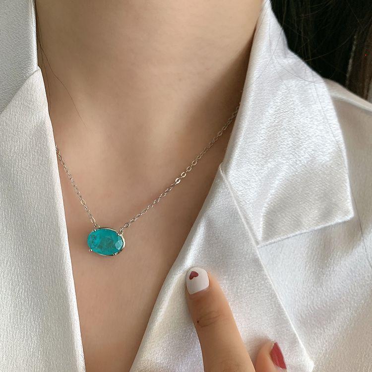 Jewelry Retro Collarbone Chain Inlaid Imitation Paraiba Egg 10 * 14 Pendant Four-Claw Sapphire Necklace