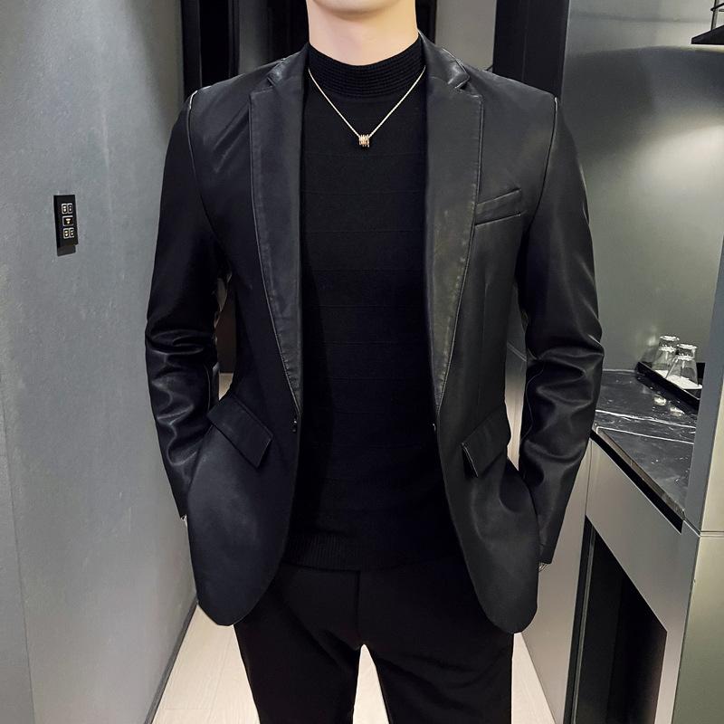 Nový oversized kožený oblek Pánská omyvatelná PU kožená bunda Úzký střih Business Ležérní Pánský kabát Kožená bunda