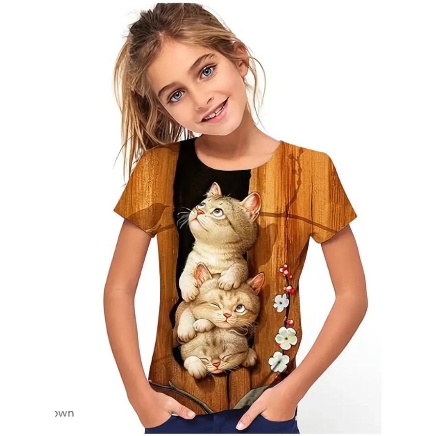 Nová Dívčí trička Funny Animal Cat 3D tisk Dívčí trička Párty móda Topy s krátkým rukávem Tričko 2025 Trička pro volný čas Dívčí oblečení