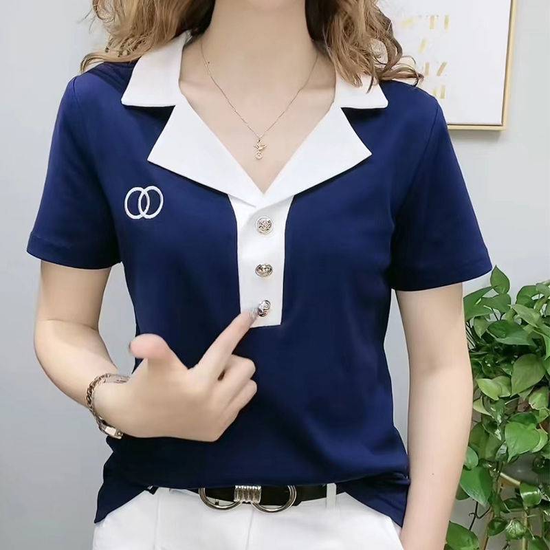 Suit Collar Top for Women In Summer New Korean Cotton Short-sleeved T-shirt for Women Slim Lapel Polo Shirt