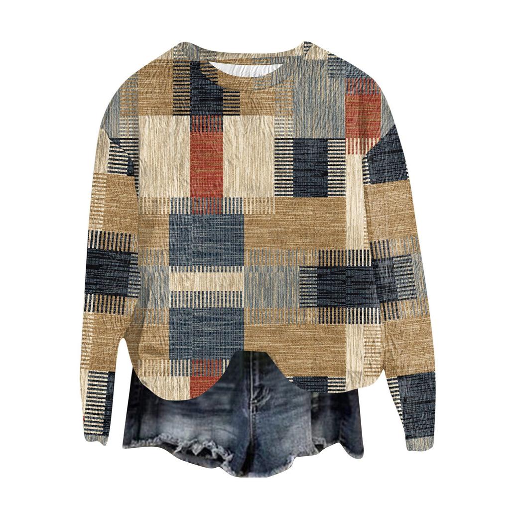 Women's Fashion Round Neck Pullover Top Long Sleeve Tee Printed Sweatshirt