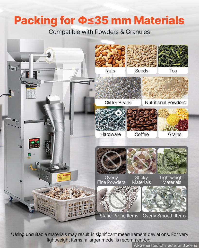 Powder Filling and Sealing Machine, 10-500g Automatic Particle Granule Packaging Machine, Stainless Steel, Intelligent Weighing Filling Sealing, for
